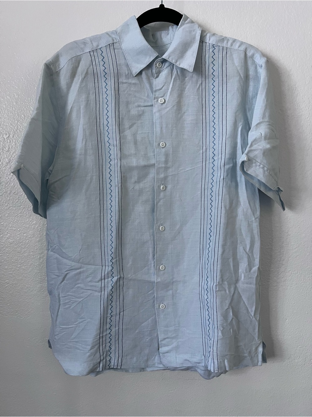 Cubavera Mens Blue Embroidered Button Down Short Sleeve Shirt